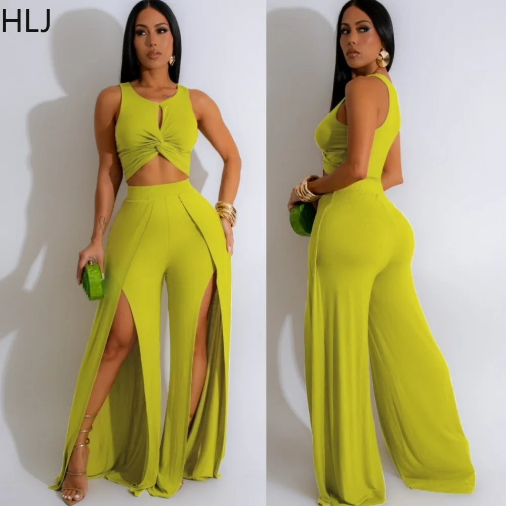 

HLJ Elegant Lady Solid Color Hollow Out Slit Pants Two Piece Sets Women Round Neck Sleeveless Crop Top And Wide Leg Pants Outfit