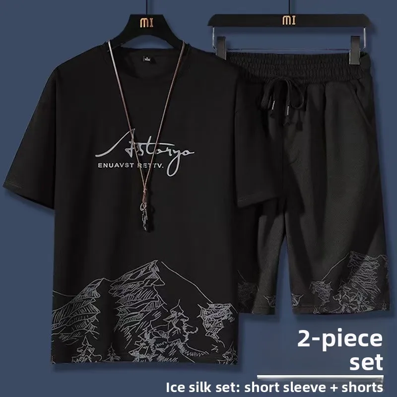 

Summer Ice Silk Loose Fit Sportswear Set for Men ort Sve T-irt And orts Faionable Casual Outfit Thin Lightweight