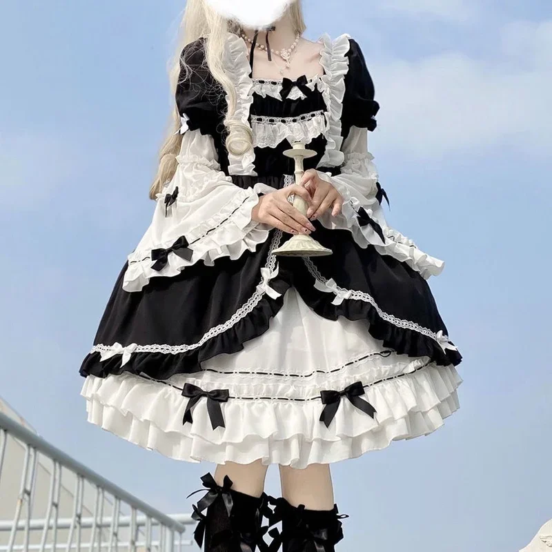 White Night Aurora Daily Flower Wedding Lolita Retro Gorgeous Op Lolita Dresses Long Sleeve Dress Kawaii Maid Dress