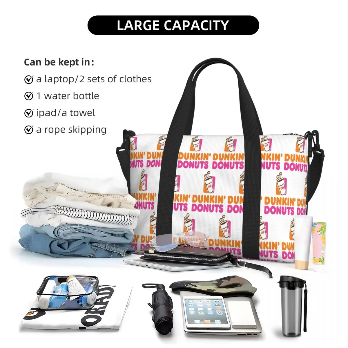 Custom Dunkin Donuts Beach Travel Bag Large Capacity Tote Bags for Gym Sport Women Shopping Duffle Shoulder Bag view 5
