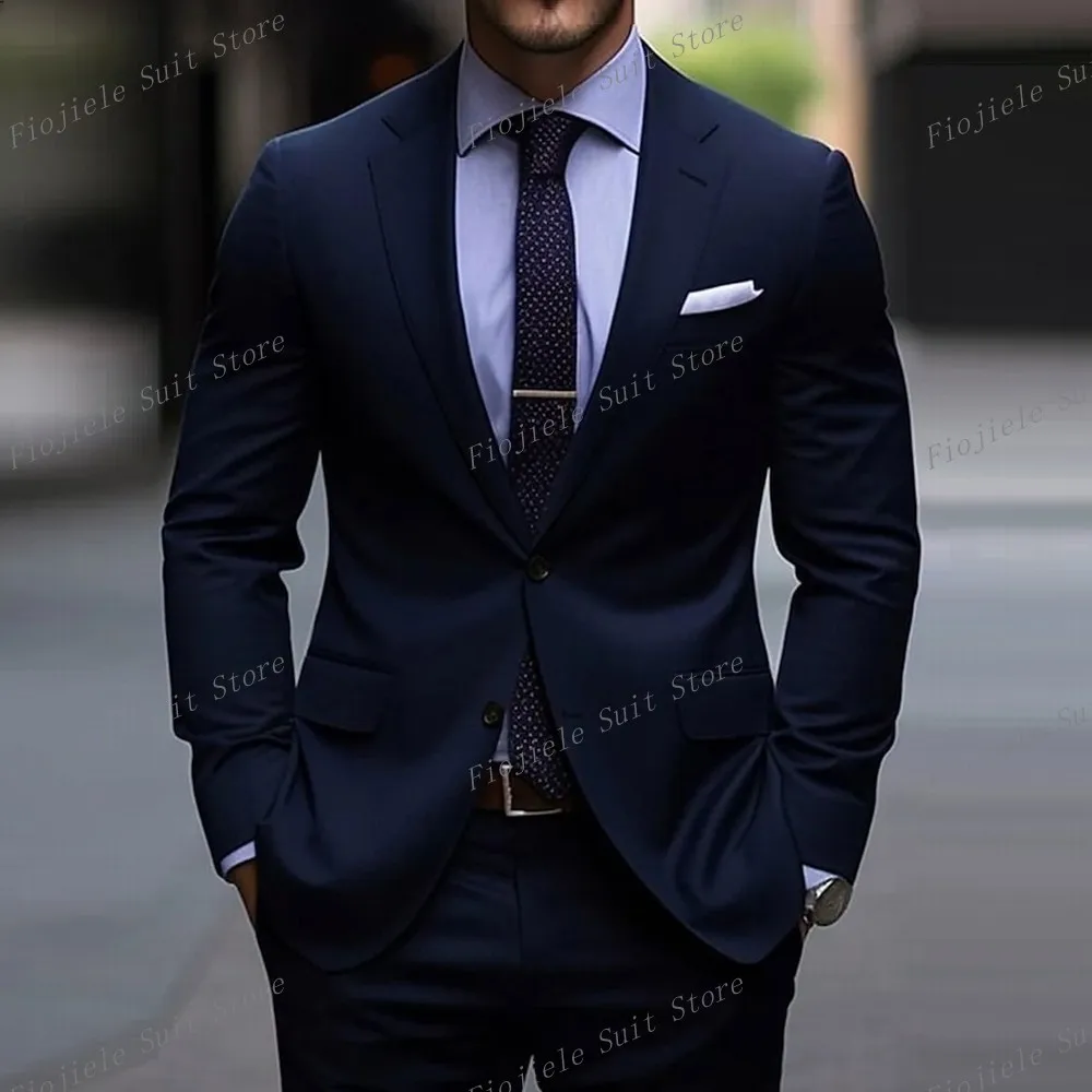 Navy Blue Men Business Suit Groom Groomsman Tuxedos Wedding Party Prom Casual Formal Occasion 2 Piece Set Jacket Pants