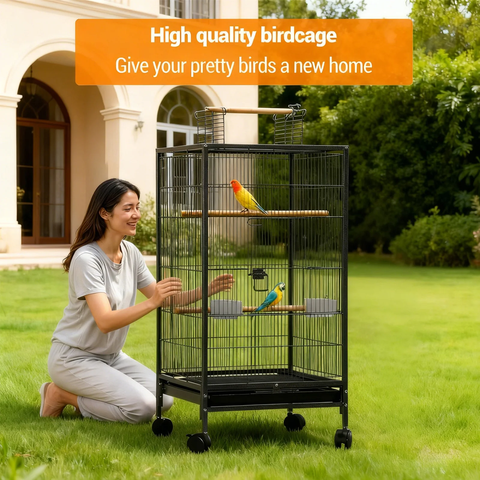 

40-дюймовая металлическая клетка для птиц с открытым верхом и деревянными жерновами, выдвижной поднос, колеса, кормушка для бутылки с водой для попугая, попугая, корелла