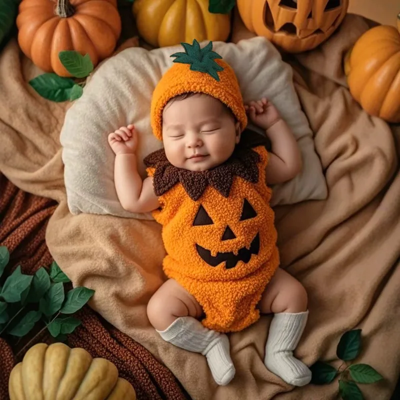 Newborn Infant Baby Orange Pumpkin Hooded Romper Sleeveless Plush Fleece Costume with Green Leaf Halloween Cosplay Playsuit