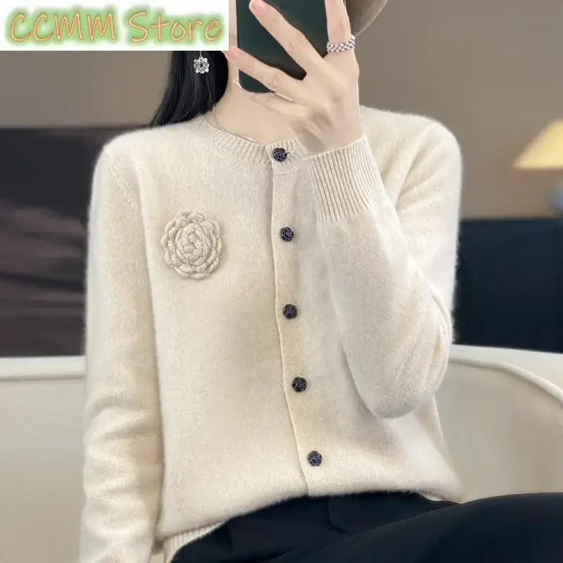 

New cardigan women's O-neck sweater autumn winter knitted fashion trend women's long sleeved cardigan, 100% Merino wool
