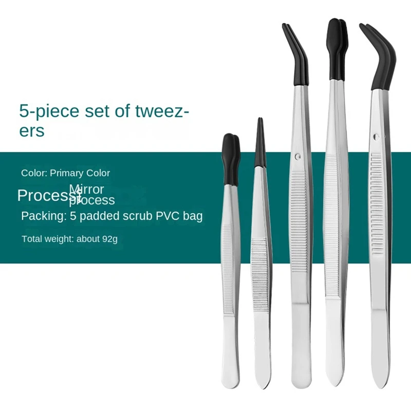 5 Pieces Tweezers With Rubber Tips Tweezers PVC Coated Tweezers Set, Rubber Straight Tip/Flat Tip/Long Bent Tweezers