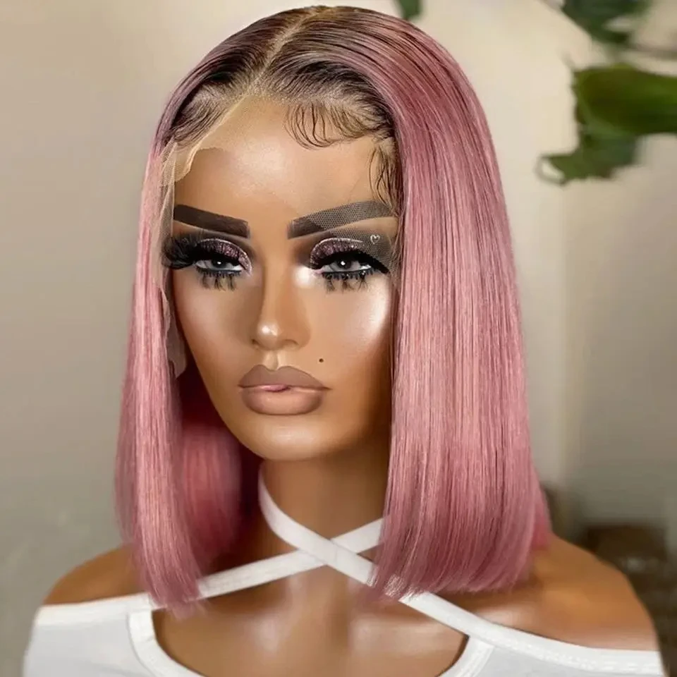 Ombre Pink Bob Wig Straight Lace Front Human Hair Wigs For Women Short Bob Transparent Lace Wig Bleached Knots Pre Plucked