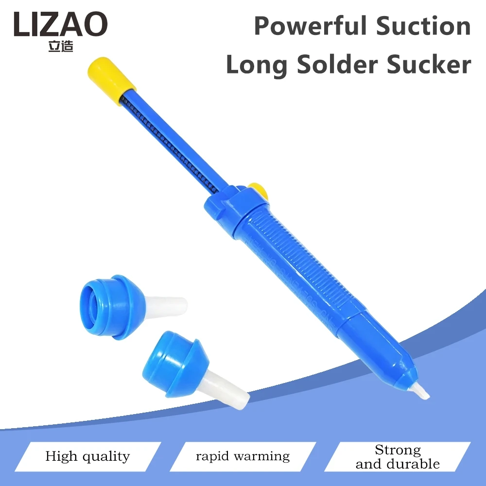 Extra Long Powerful Solder Desoldering Pump Anti-Skid Handle Large Plastic Desoldering Suction Tool With 2 Replacement Nozzles