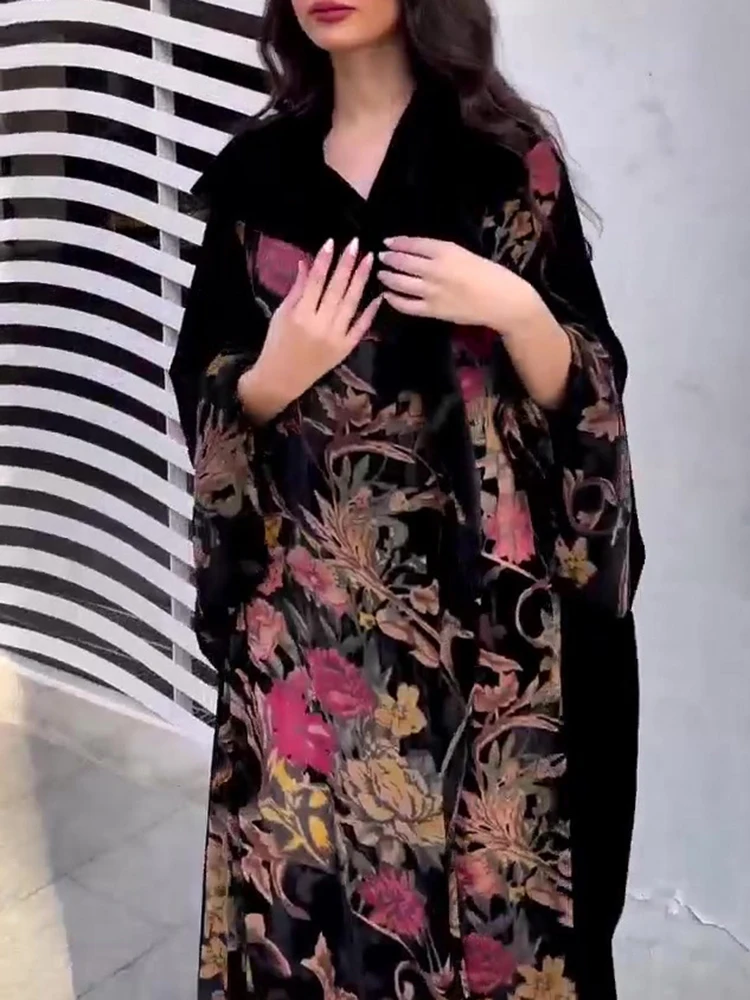 Elegant V-neck Splicing Robe Windbreaker Women's Casual Long Sleeve Draped Loose Jacket Fashion Flower Print Color Blocked Coats