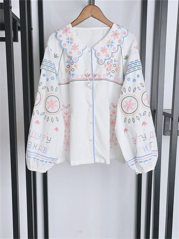 Ladies Single Breasted Puff Sleeve Sweet Shirt Spring 2024 New Women Peter Pan Collar Colorful Embroidery Blouse