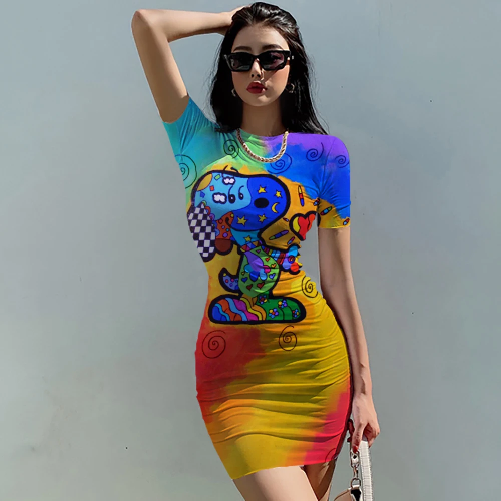 

Snoopy Kawaii Women's Short Sleeved Hip Dresses Elegant Chic Dress Y2k Summer Sanrio 2024 S-3XL O Neck Fashion Beautiful New