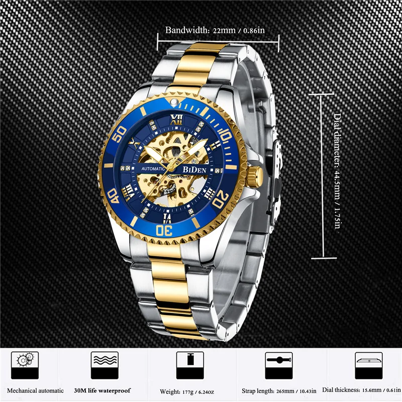 BIDEN Brand Skeleton Blue Golden Automatic Waterproof Stainless Steel Band Luminous Hand Roman Numerals Mechanical Wrist Watch