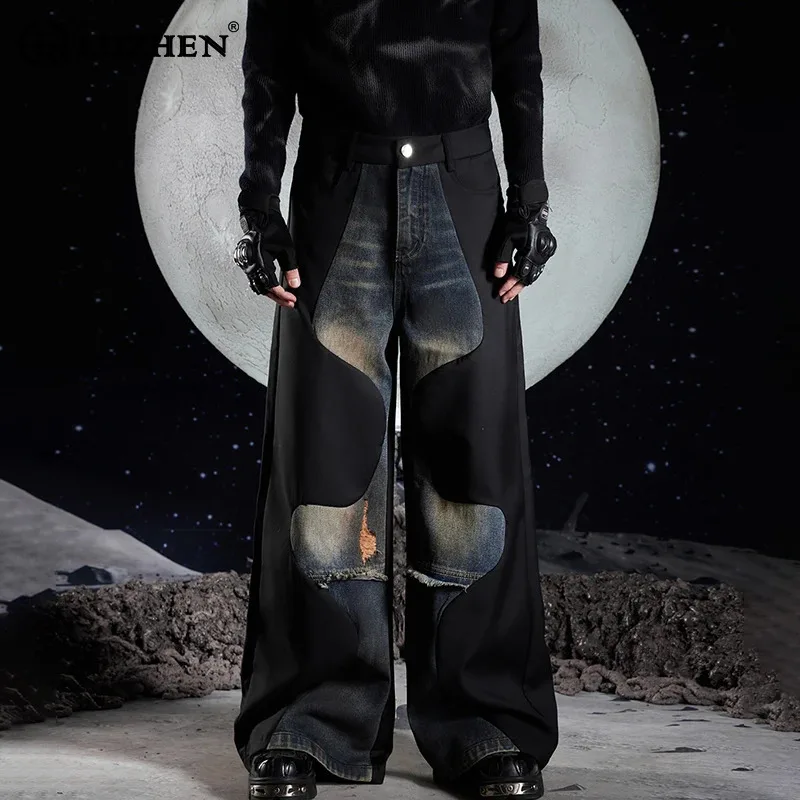 

LUZHEN Niche Design Denim Patchwork Casual Original Straight Trousers Loose Personalized Stylish New Male Wide Leg Pants LZ6889