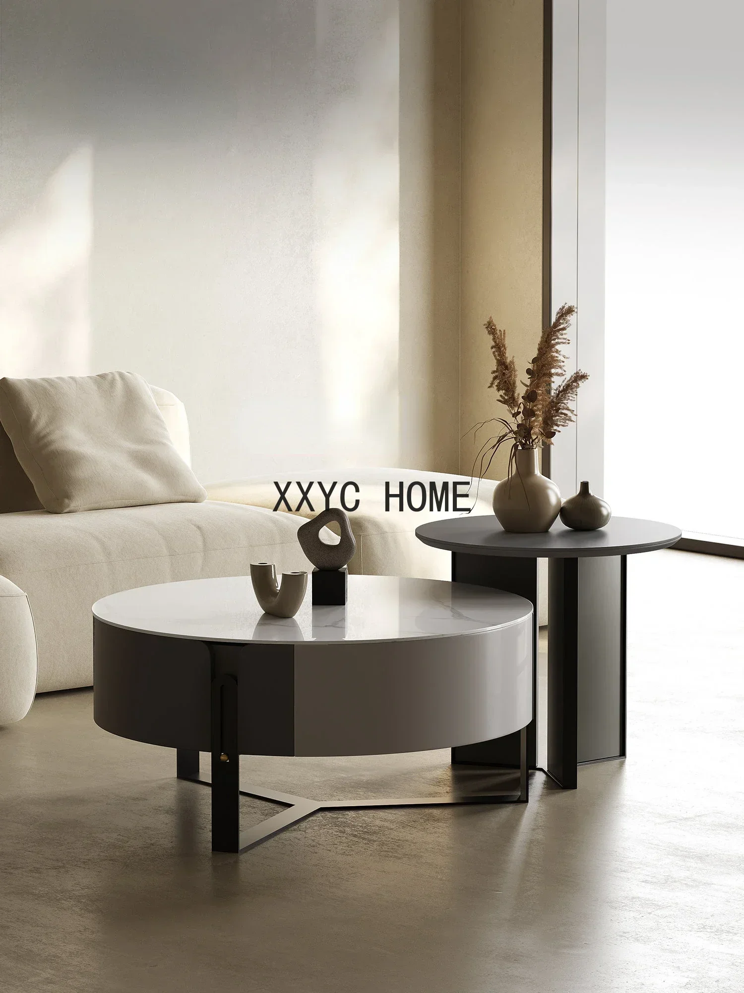 Light Luxury Minimalist Stone Plate Sofa and Tea Table Combination Silent Wind round Table Living Room Home
