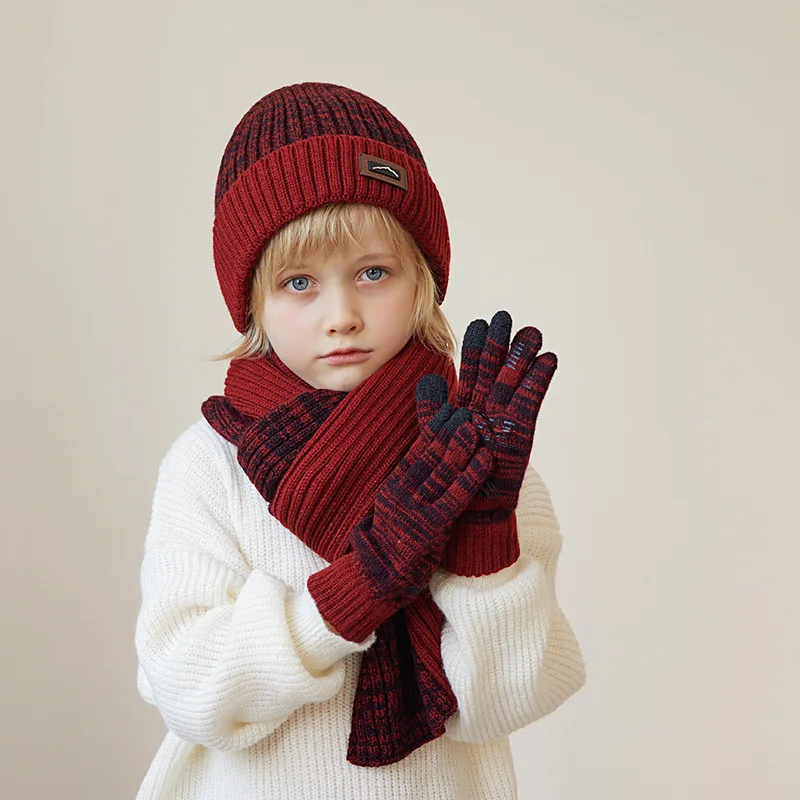 Winter Hat Scarf Gloves Sets for Children Thicken Knitted Hats Girls Plus Velvet Kids Scarves Beanie Boys Warm Accessories 4-10Y