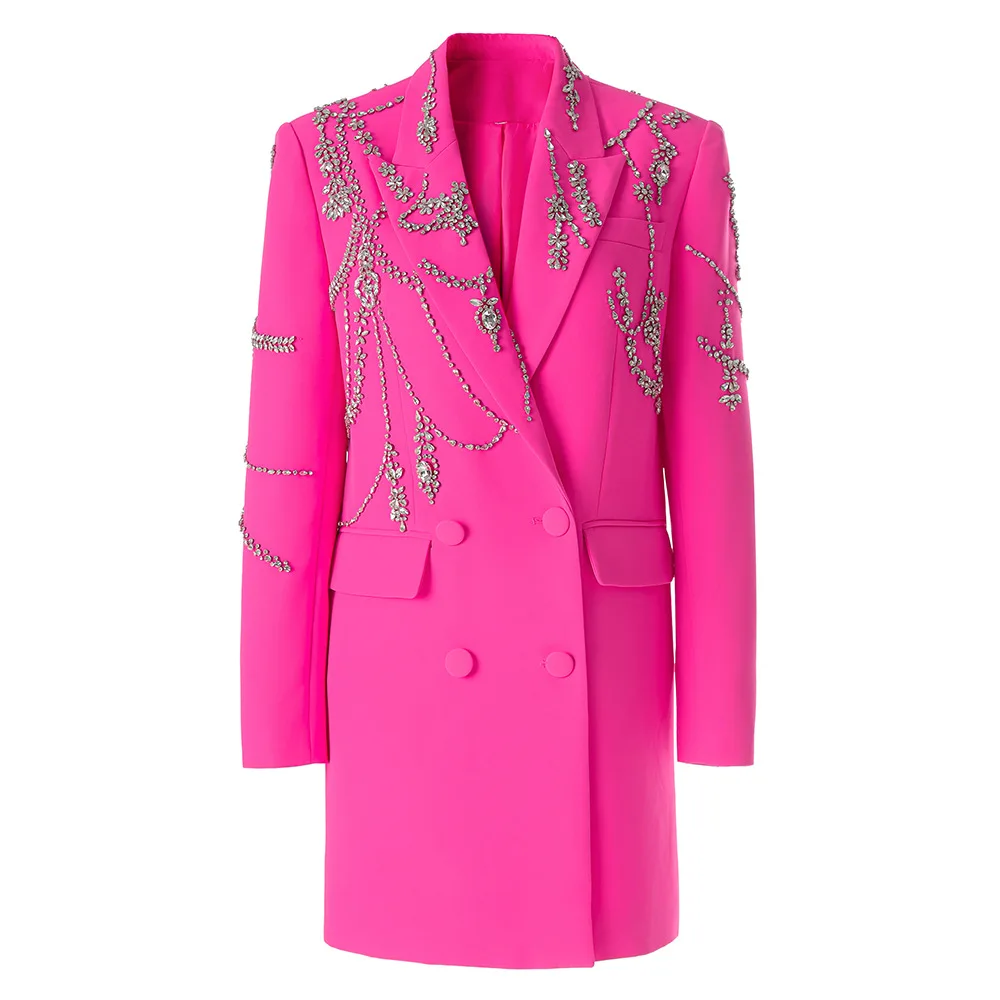 Festival Outfits with Diamonds Outfit Blazer Handmade Long Blazer Dress Jacket Double Breasted Button Hot Pink Dress Suit Women