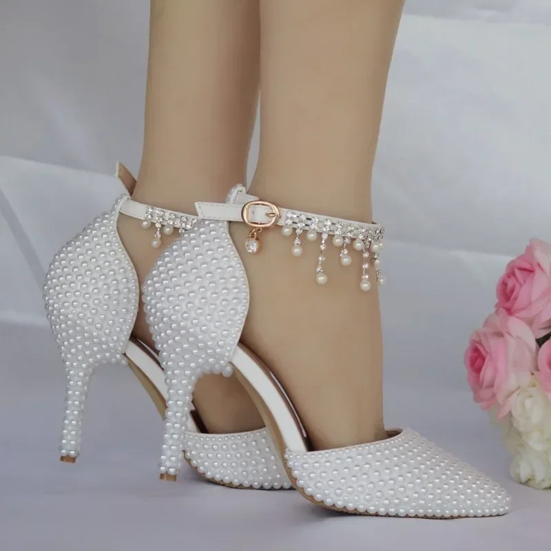 Sandals Women 2023 Office Career Pointed Toe Pearl Buckle Strap 9.5CM Thin Heels String Bead Take Wedding Photos Wedding Shoes