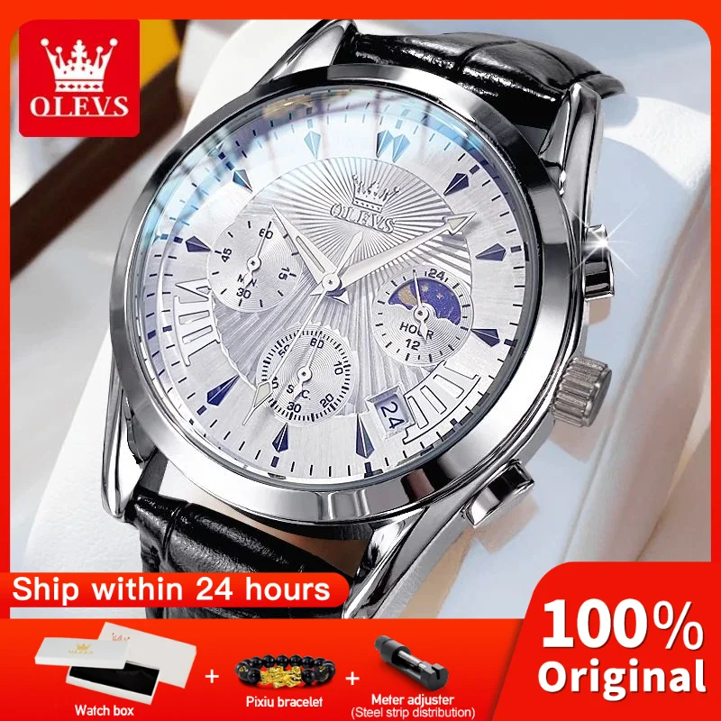 

OLEVS 2876, мужские часы, водонепроницаемые светящиеся кварцевые наручные часы с циферблатом, многофункциональные часы с хронографом, один календарь, фаза Луны ﻿