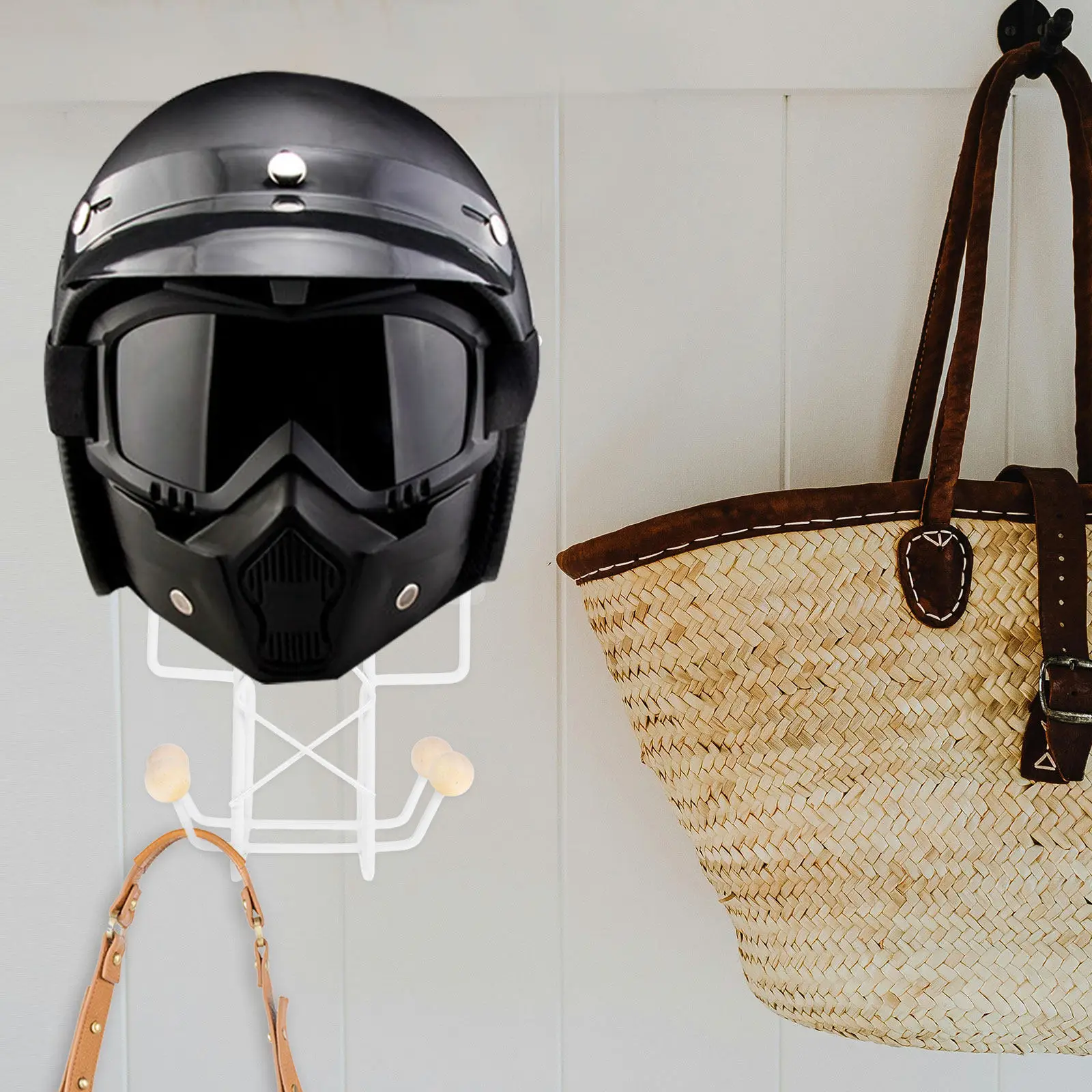 Wall Mount Hanger Stand for Motorcycle Motorbike Helmets Hats PVC Wood Iron Construction Strong Load Bearing Stylish - view 5