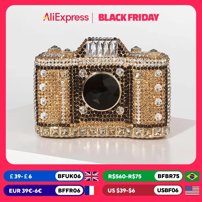 Camera Shaped Diamond Evening Clutch Bags 2024 New Boutique Novelty Metallic Rhinestone Purses And Handbags Bridal Wedding Party