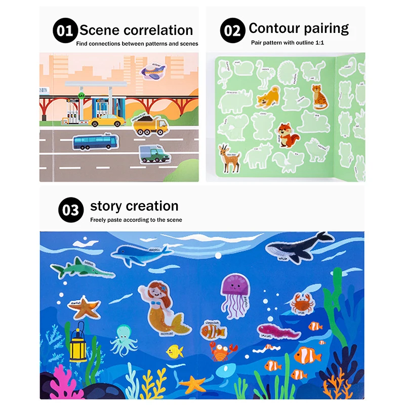 Reusable Scene Cute Stickers DIY Puzzle Magic Sticker Books Cartoon Animal Learning Cognition Toys For Kids Gift