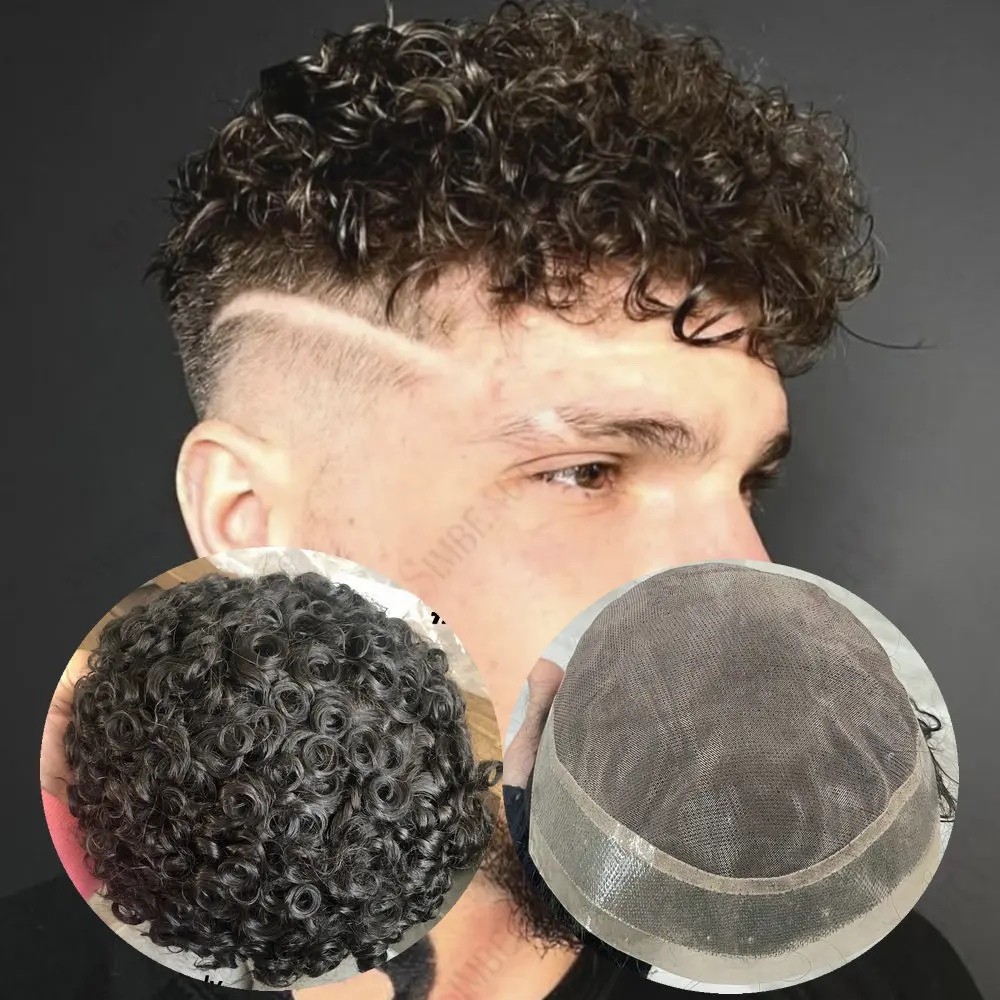 15mm/18mm/20mm Curly Durable Fine Mono PU Mens Toupee Human Hair System Men Hair Replacement Unit Undetctable Cpillary Prothesis