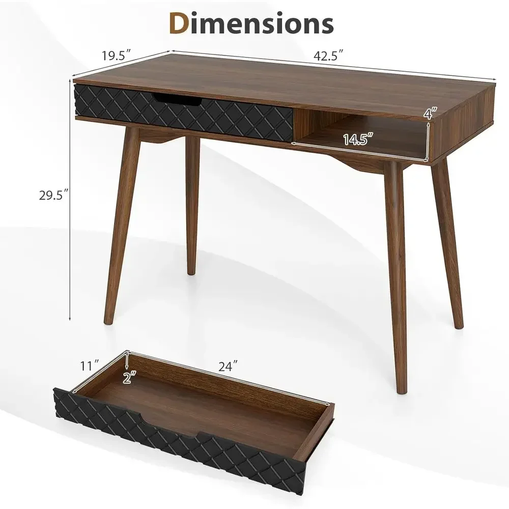 Contemporary Wooden Computer Desk with Drawer and Storage, Laptop Desk for Home Office, Vintage-Style Writing Table for Study or