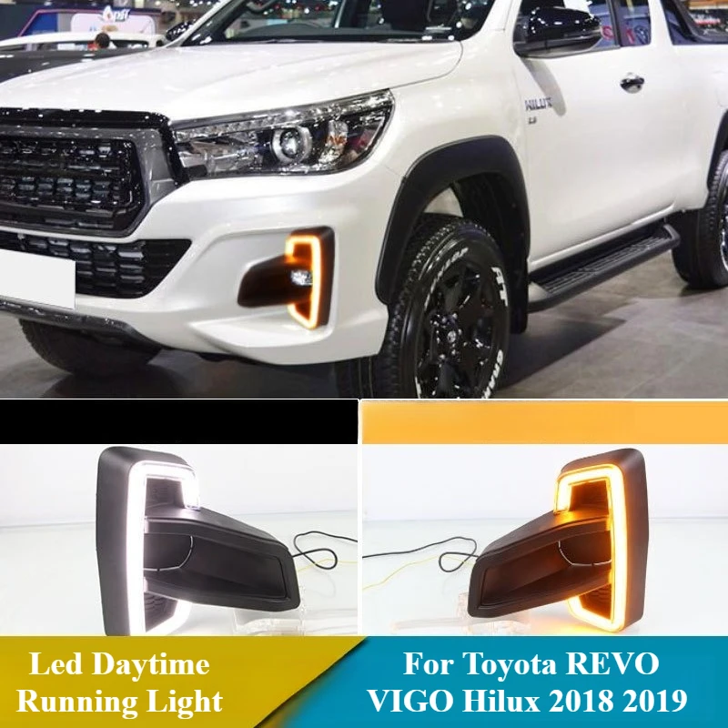 

Для Toyota REVO VIGO Hilux 2018 2019, автомобильные светодиодные дневные ходовые огни, желтый свет, указатель поворота, передний бампер, противотуманные фары, DRL, дневные фары