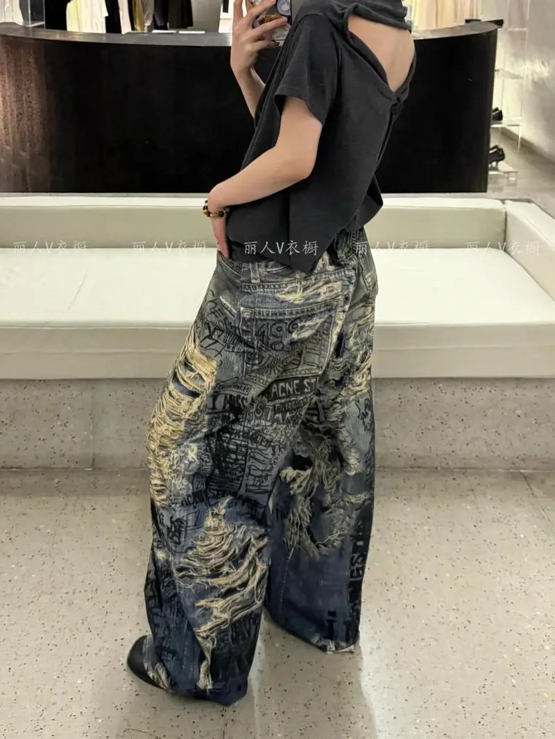 

American Retro Patchwork Design Denim Long Pants Straight Leg Wide Leg Women's Floor-Length Pants Loose Fit Casual Jeans