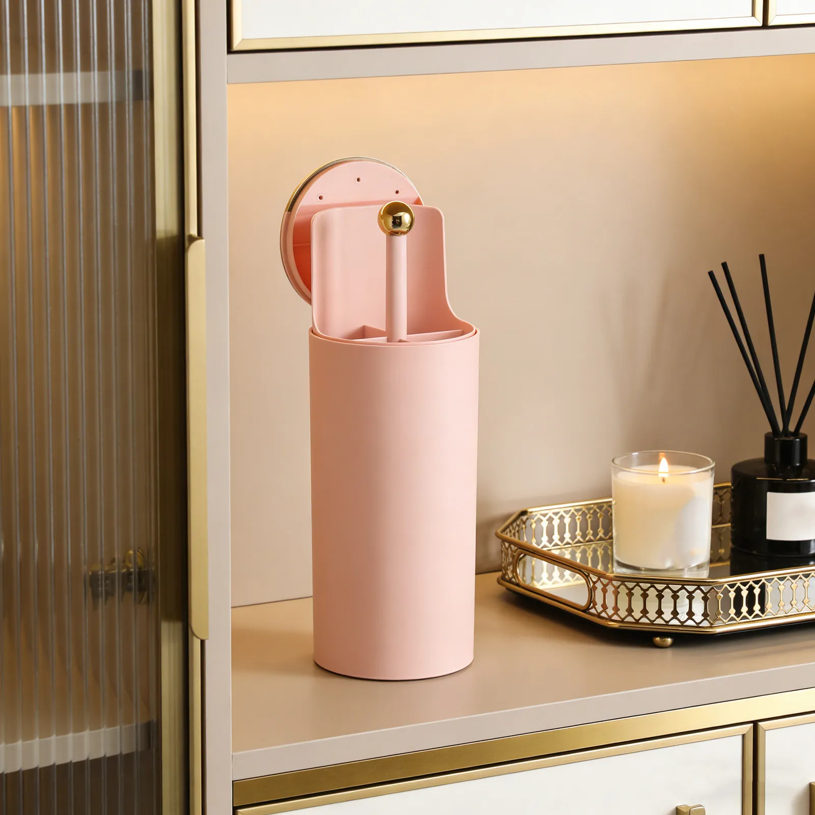 Makeup Brush Organizer Pink Auto Lift Lid Covered Brush Holder Press to Open Vanity Stand Dustproof Makeup Storage