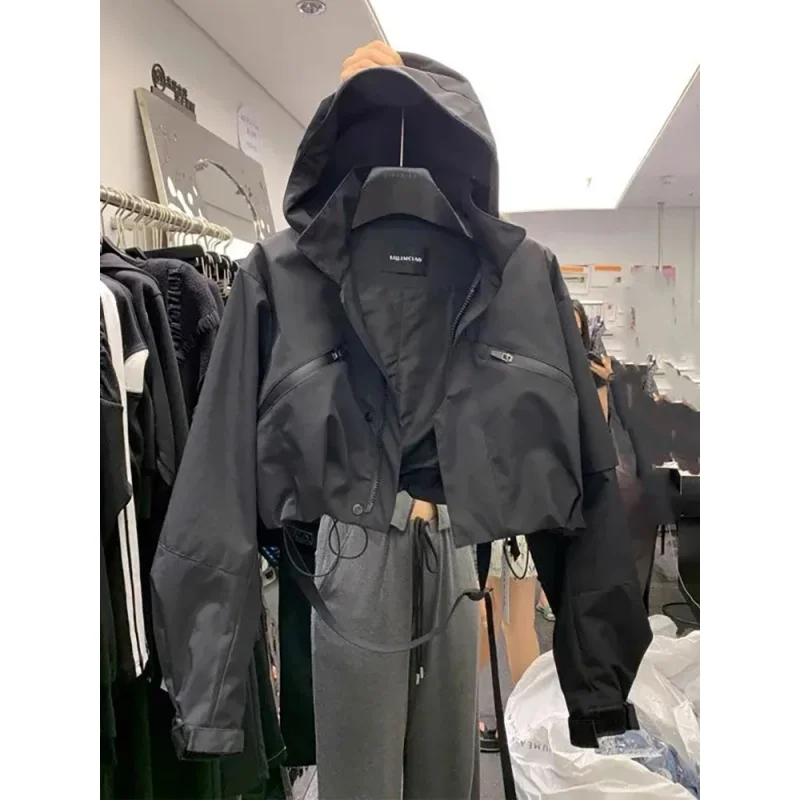 

Trendy Street Short Hooded Baseball Jacket Top Spring New Solid Color Patchwork Loose Female Motorcycle Coats
