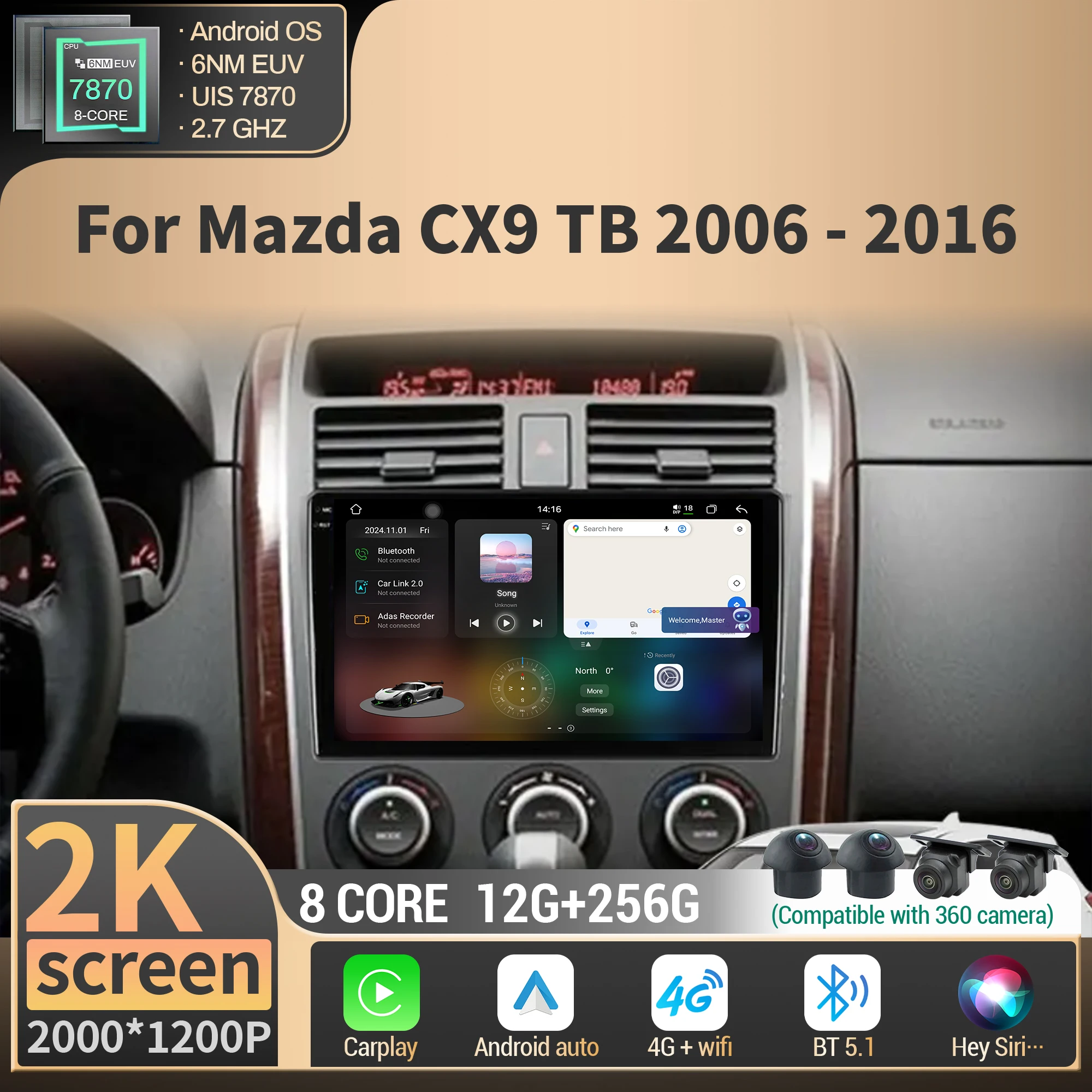 

Android For Mazda CX9 TB 2006-2016 Multimedia CarPlay Car Radio Wireless BT Carplay Navigation 4G GPS CPU 7870 2K QLED Screen
