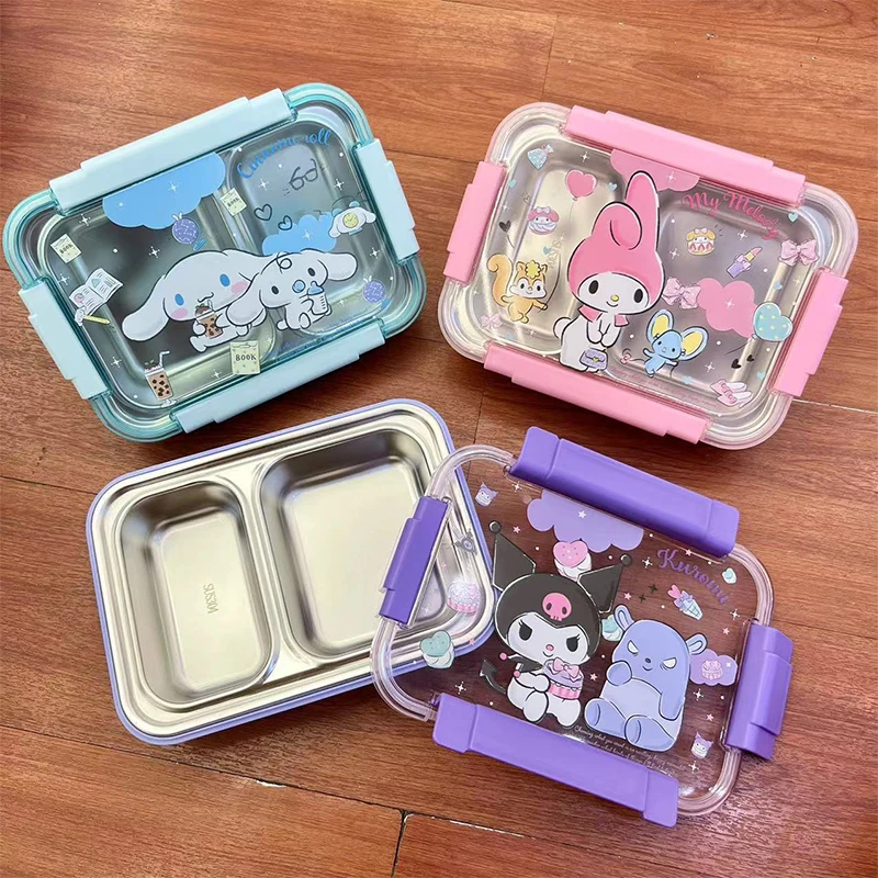 

Ланч-бокс с мультяшным изображением Sanrio для студентов, Bento, Kuromi My Melody Cinnamoroll, Ланч-бокс с разделением в виде аниме, милая портативная Подарочная коробка с сердцем для девочек