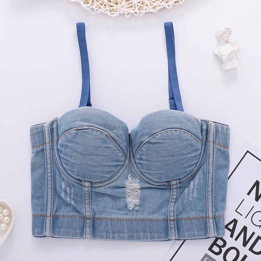 

SsTss Women Fashion Vintage Denim Corset 2024 Retro Style Push Up Jeans Bustier Bra Skinny Fit Night Club Party Crop Camis Tops