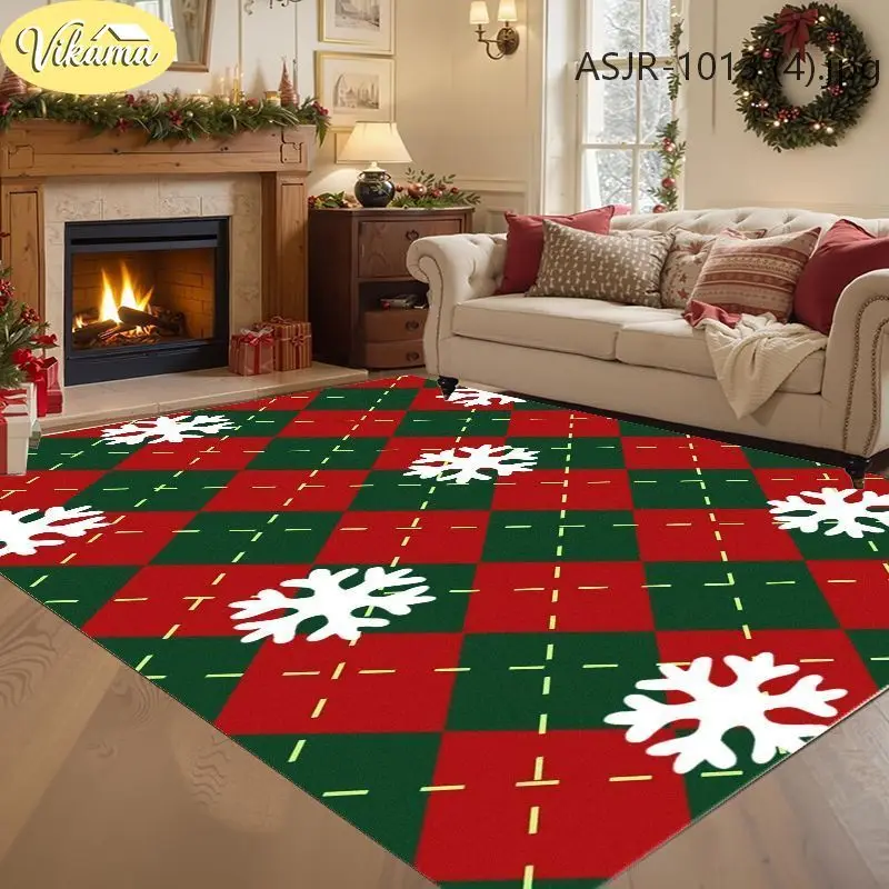 VIKAMA Christmas Living Room Rug Patchwork Checkered Santa Reindeer Print Durable Non-Slip Bedroom Mat Home Decor