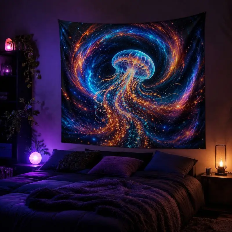 Jellyfish Blacklight Tapestry Neon Ocean Wall Hanging Psychedelic Bedroom Dorm Home Decor