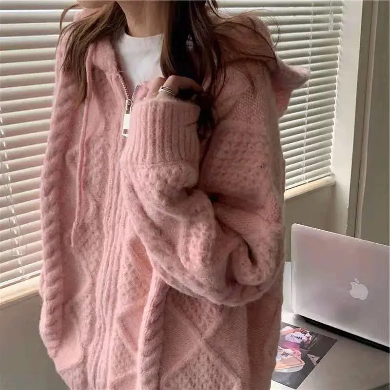 Spring Autumn Winter Loose All-match Twist Sweater Coat Women\'s Lazy Wind Hooded Knitted Cardigan Top Women Sweate