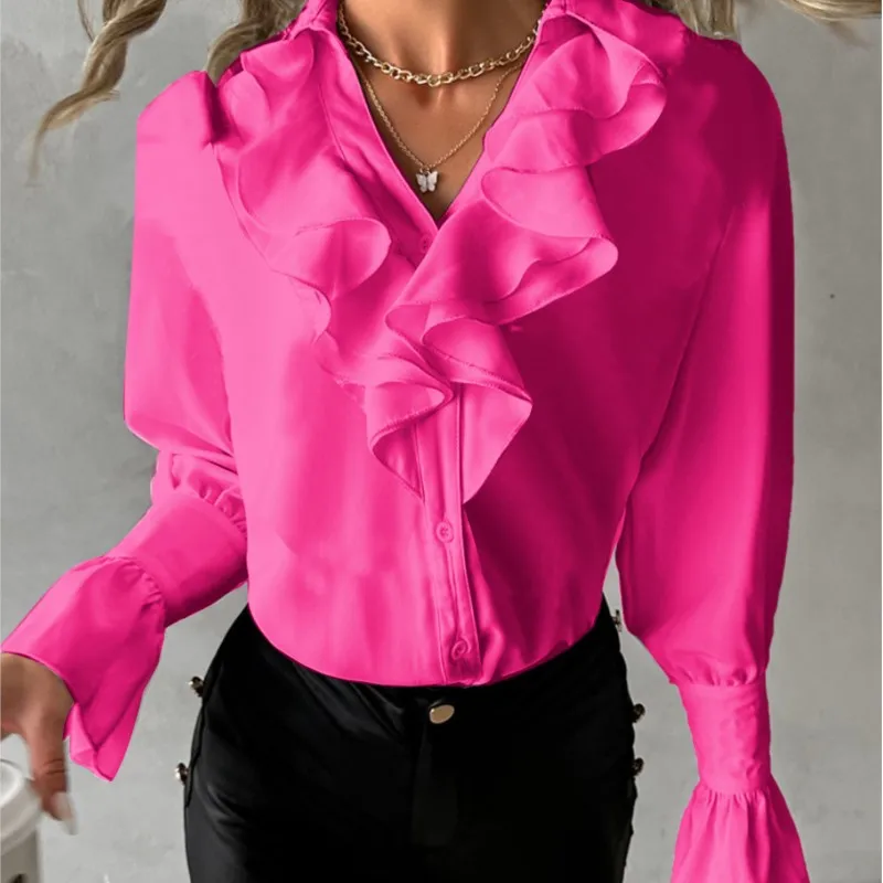 Camisa feminina de manga comprida com babados e decote em v cor sólida primavera e outono com camisa de chiffon plissada solta e elegante