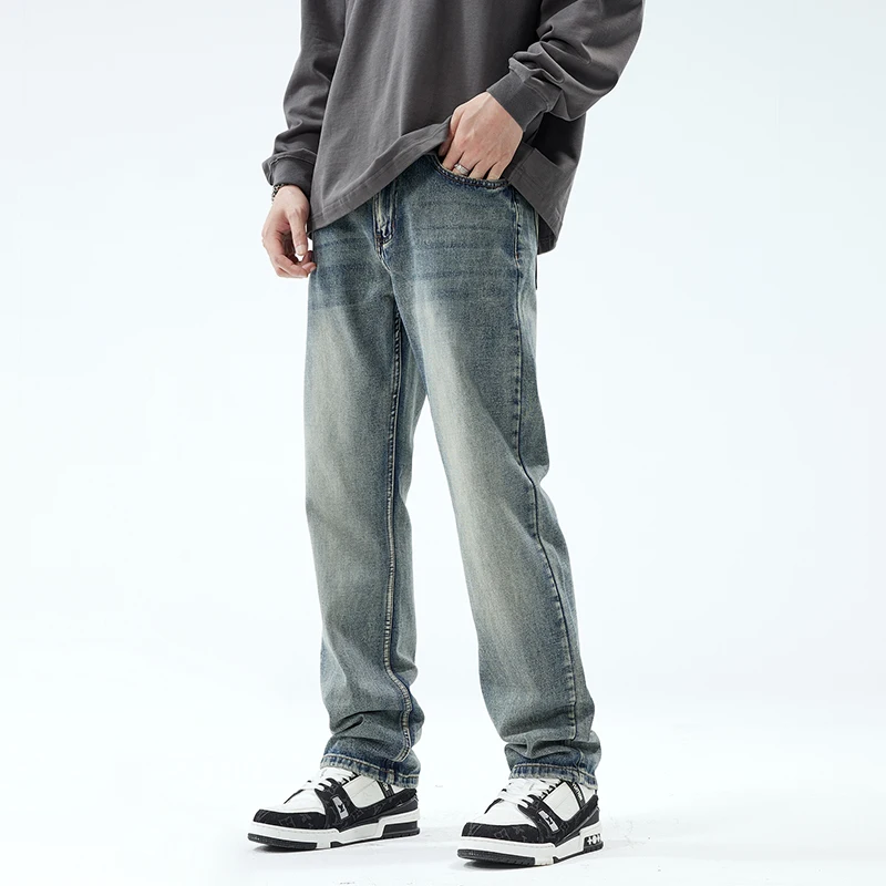 American retro trend washed  loose straight leg jeans men's long pants 2024 new spring and autumn baggy jeans for men