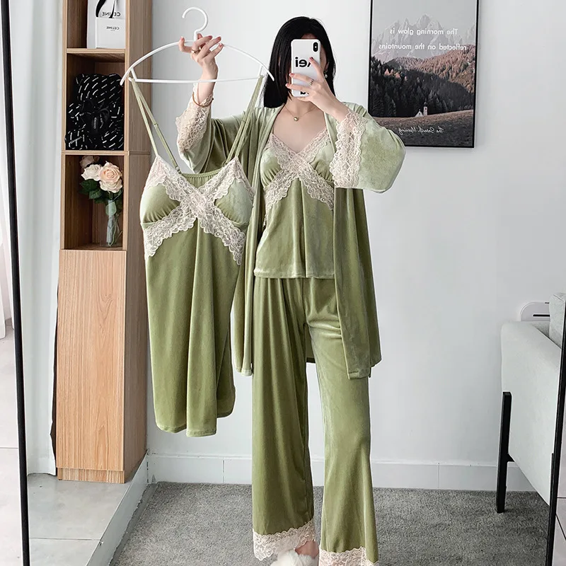 

Autumn Winter Velvet Pajama Set Women's Suspender Nightgown Sexy Sleepwear Four Piece Suit Long Sleeve Velour Warm Home Wear