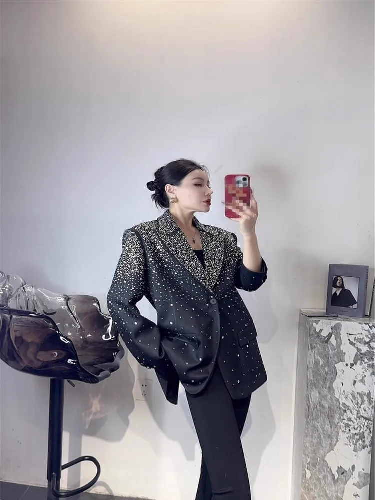 Giacca da abito da donna da ufficio primaverile Moda vestibilità ampia con diamanti Design Blazer neri Top manica lunga Nuove donne Capispalla elegante