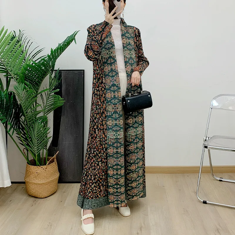 Miyake-vestido plisado de manga larga con cuello vuelto para mujer, abrigos clásicos de moda Abaya, diseño Original, 2024