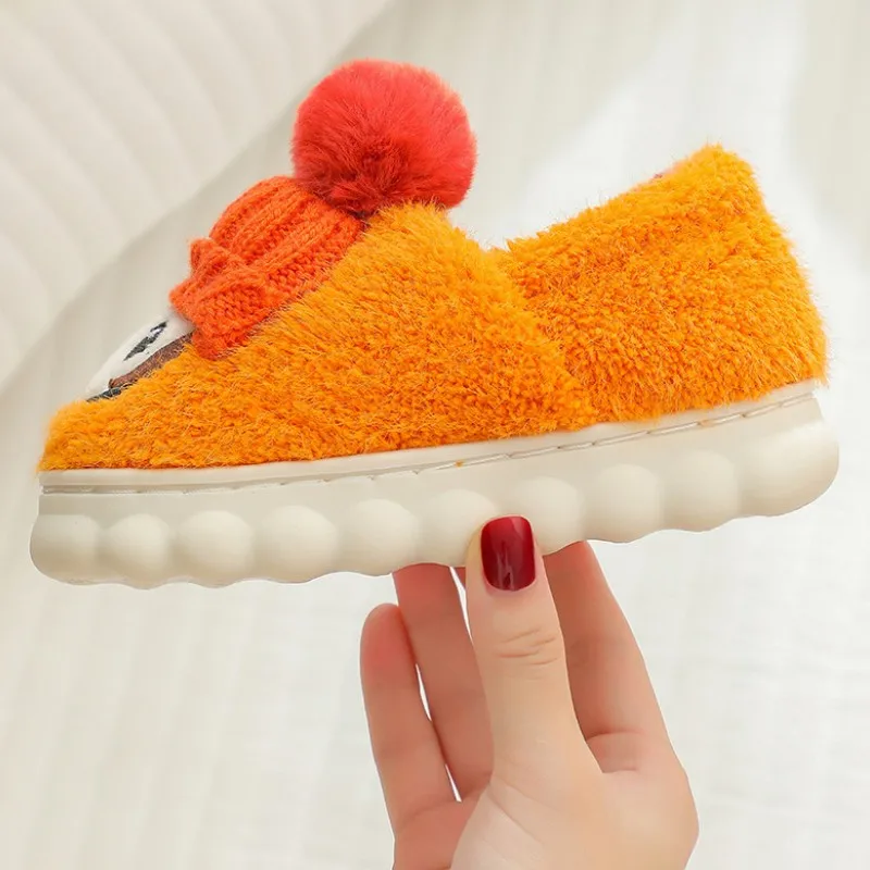 Cartoon Knitted Hat On Children Cotton Slipper Family Home Winter Indoor Casual Non-slip Soft Sole Plush Shoe Baby Girl Footwear