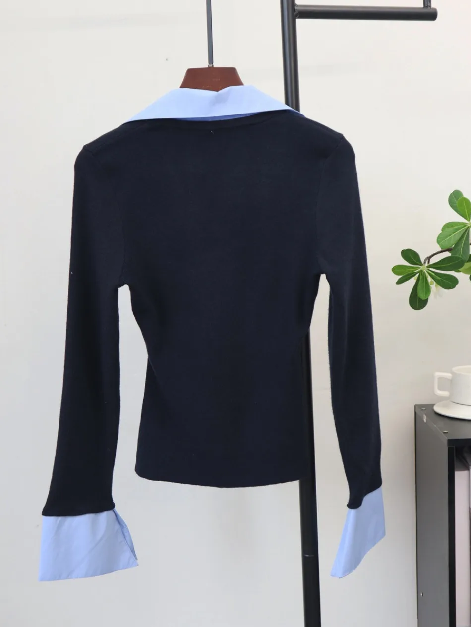 Polo-Kragen Kontrast-Patchwork Koreanische T-Shirts Langarm Fake Zweiteiler Trend-Oberteile Mode Büro Frühling Herbst Damenbekleidung – Detail 7