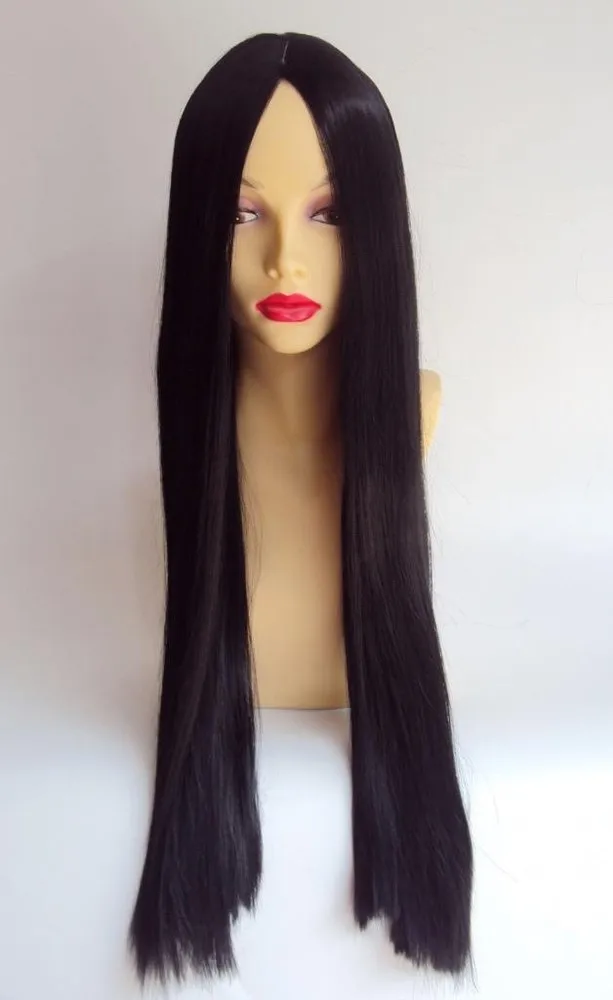 DELUXE MORTICIA ADDAMS ครอบครัวยาวสีดําตรงฮาโลวีนเครื่องแต่งกายวิกผม GOTHIC