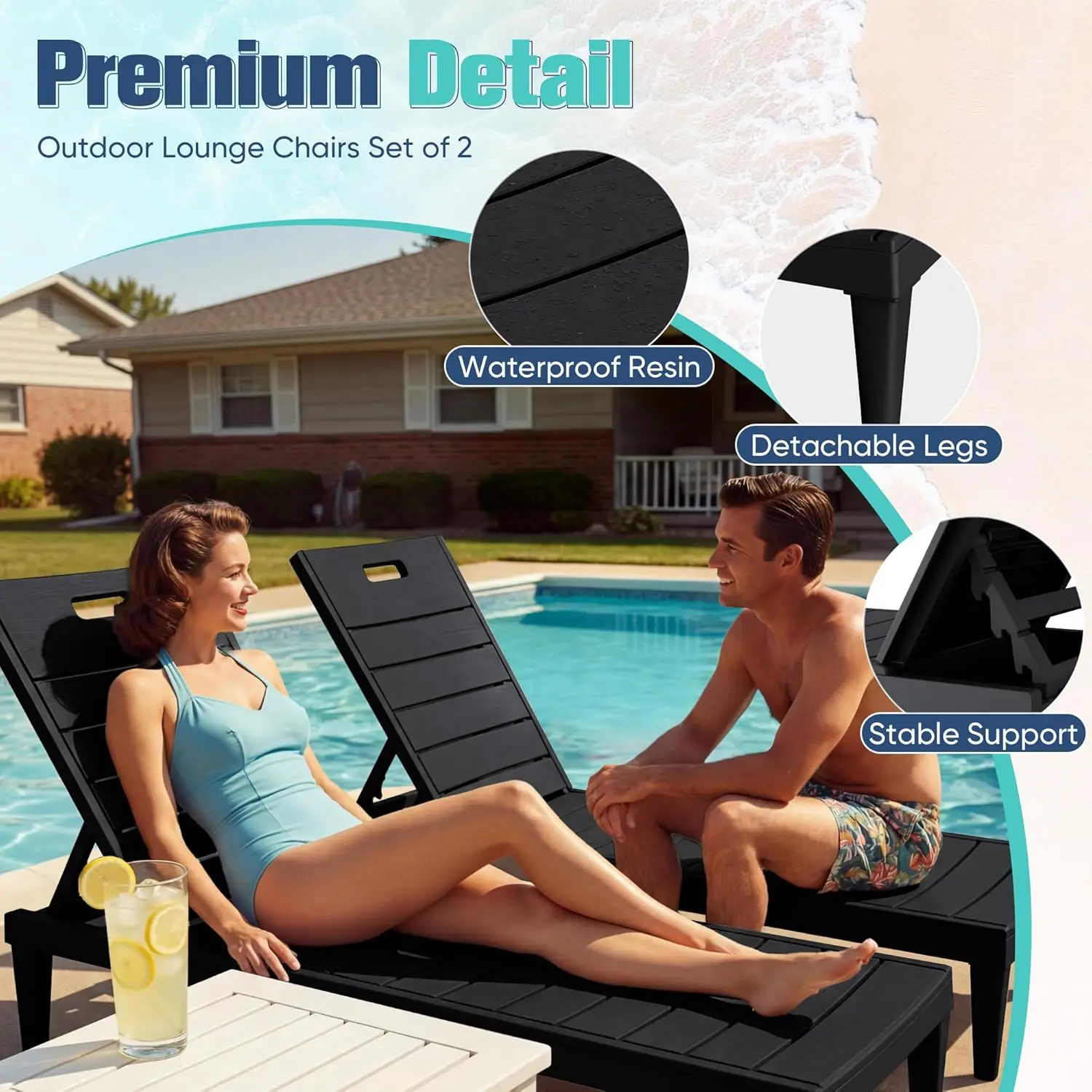 Outdoor Chaise Lounge Chair Set of 2 with 5-Position Adjustable Back, Waterproof & Lightweight for Pool Patio view 3