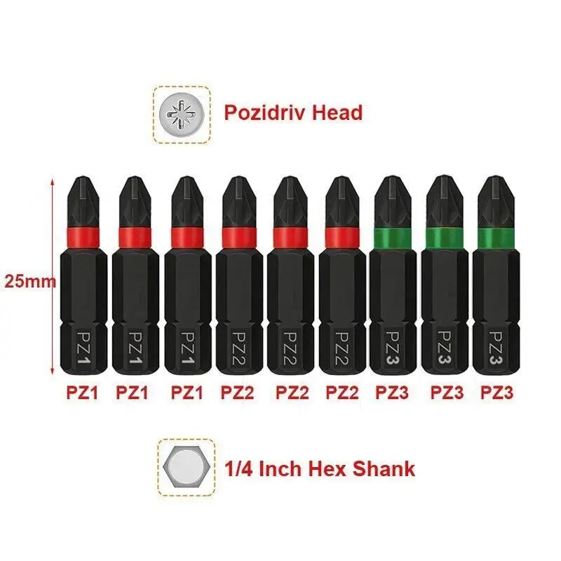 9 Stuks Pozidriv Schroevendraaierbits 50Mm 25Mm 1/4 Inch Hex Schacht Magnetische Pz1 Pz2 Pz3 Impact Pozidriv Boor Bits Hand Elektrisch Gereedschap