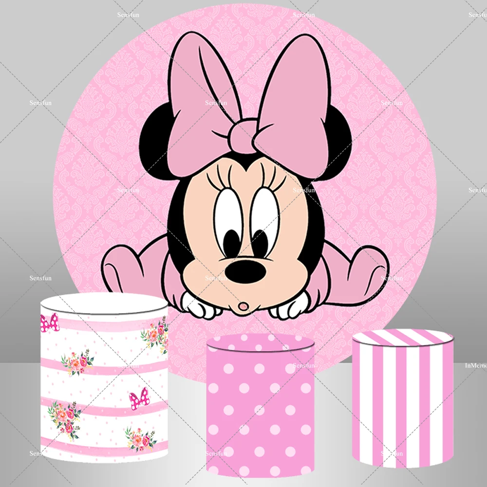 Pink Red Minnie Mouse Round Backdrop For Girls Newborn Baby Shower 1st Birthday Circle Background Dessert Table Cylinder Covers