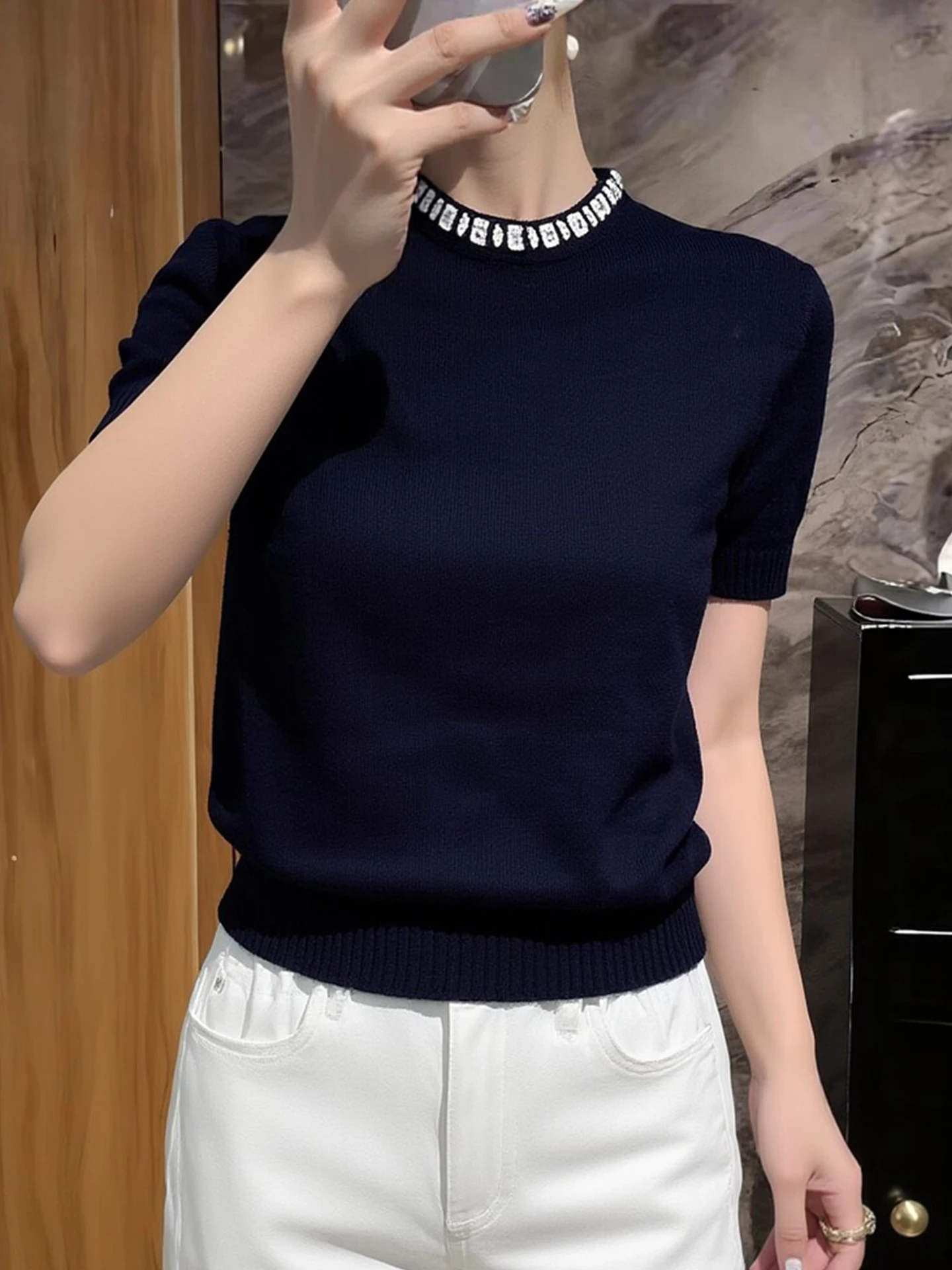 

Korean Style Comfortable Soft Short Sleeve Knitted Sweater Diamond Embedded Overhead Spring New Fashion Casual Women Top