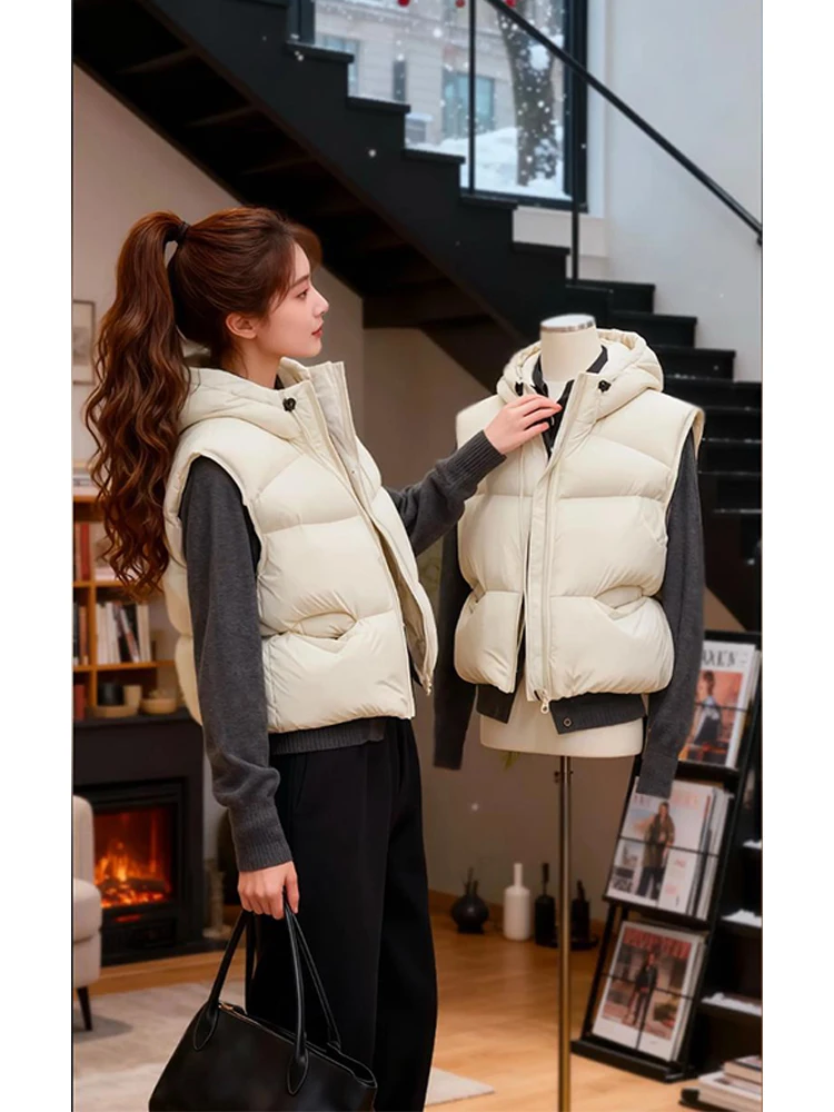 

Sli Hooded Svel Vest Women's Cotton Jaet Pure Color Simple Sle Winter New Korean System Design Casual Outerwear