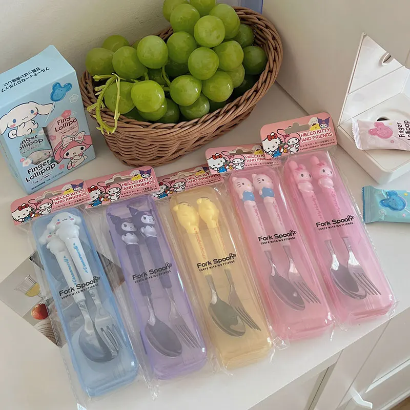 Kawaii Sanrio Cinnamoroll Tableware Set Hello Kitty Kuromi Silicone Handle Fork Spoon Tableware Two-Piece Set For Children Gift